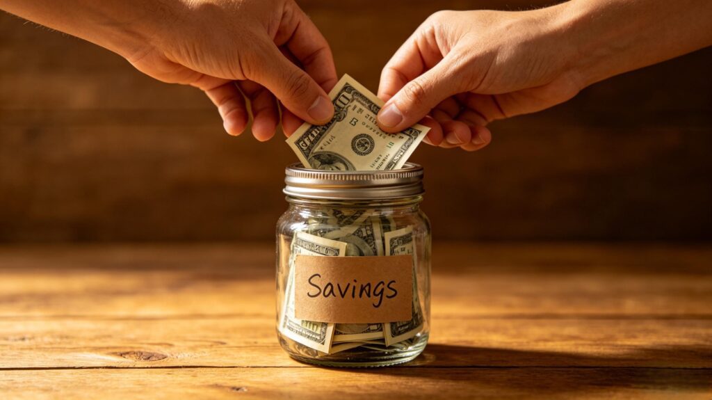 Person writing on a budget planner notebook with a pen, warm natural light, simple workspace for low earners budget planning to cut costs and boost long-term savings