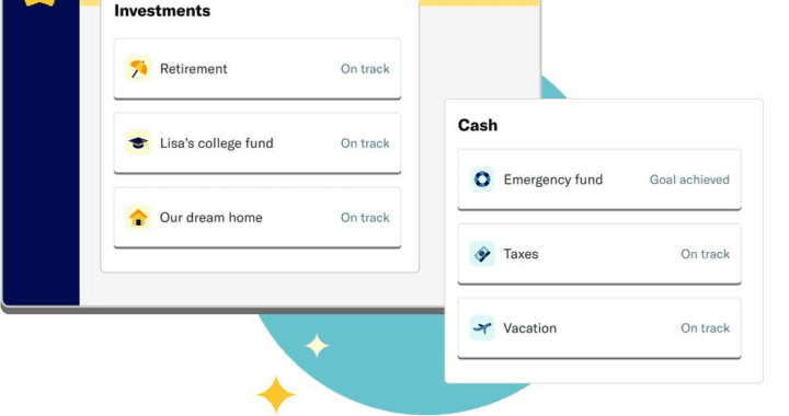 Financial calculator with icons for retirement, home, education, and emergency fund planning