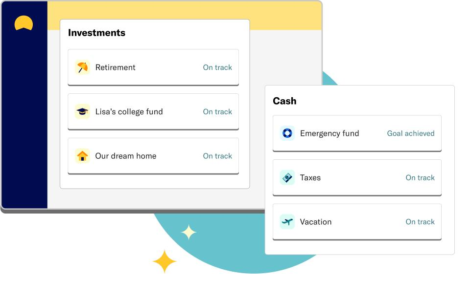 Financial calculator with icons for retirement, home, education, and emergency fund planning