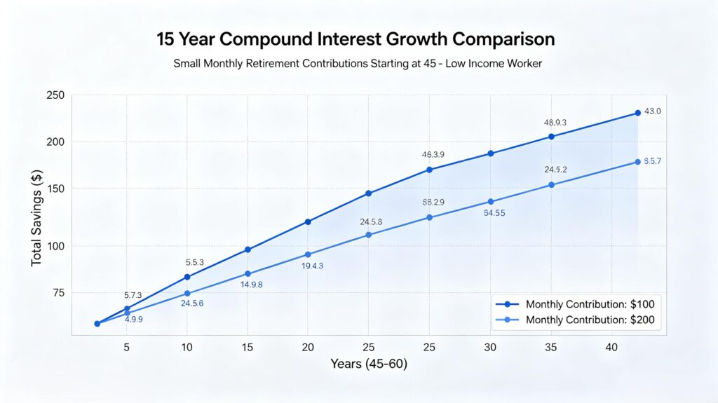 compound growth of small monthly retirement contributions for late savers at 45
