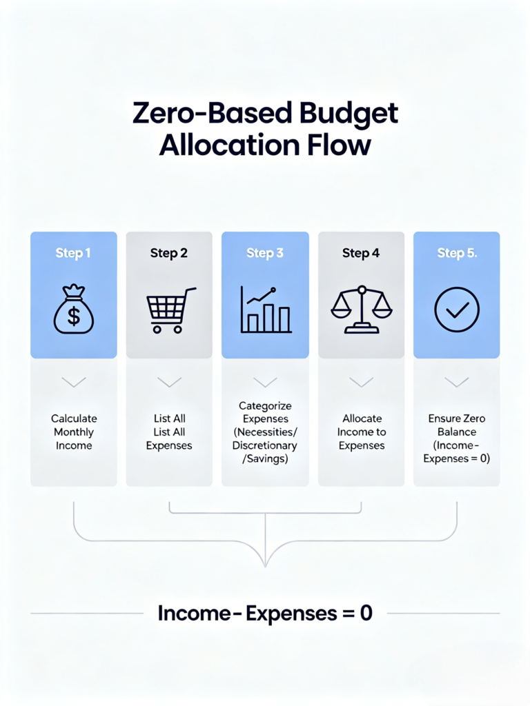 Infographic displaying practical zero based budget template layout for beginner zero-based budgeting to manage monthly income and avoid overspending