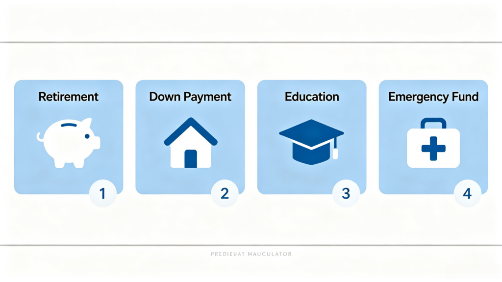 Free compound interest calculator infographic for retirement, home down payment, education and emergency fund personal saving planning