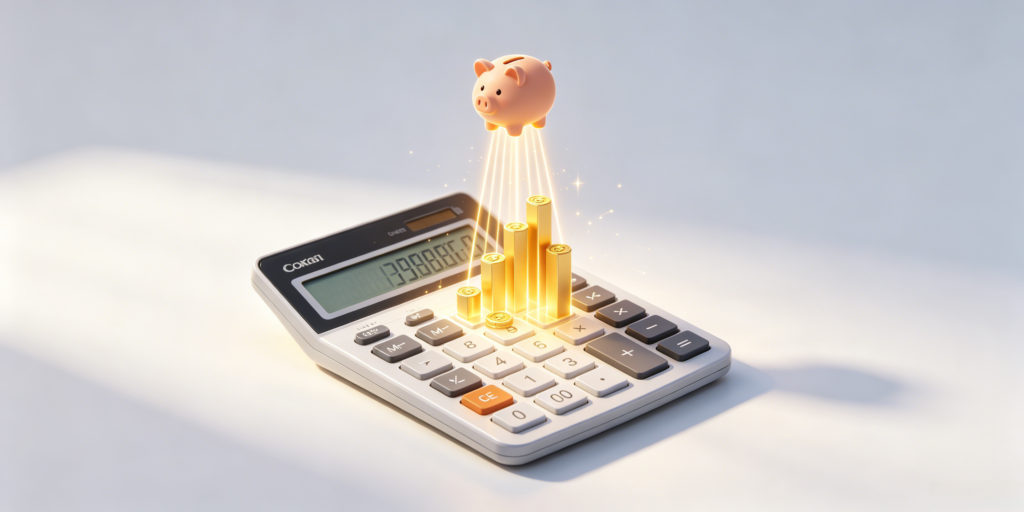 Modern infographic showing a compound interest calculator growing a small savings into a large, prosperous money tree.