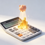 Modern infographic showing a compound interest calculator growing a small savings into a large, prosperous money tree.