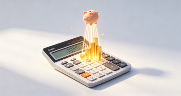 Modern infographic showing a compound interest calculator growing a small savings into a large, prosperous money tree.