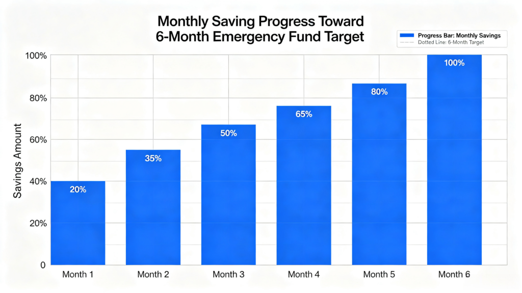 Infographic explaining how to build a 6 month emergency fund with practical saving strategies for low-income beginners