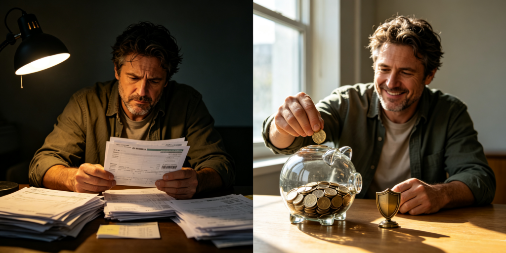 Split-screen photo of a young Western man, looking stressed on the left side and calm and secure on the right, with a piggy bank and financial charts symbolizing building an emergency fund.