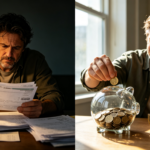 Split-screen photo of a young Western man, looking stressed on the left side and calm and secure on the right, with a piggy bank and financial charts symbolizing building an emergency fund.