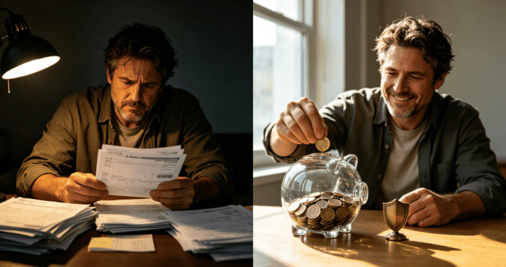 Split-screen photo of a young Western man, looking stressed on the left side and calm and secure on the right, with a piggy bank and financial charts symbolizing building an emergency fund.