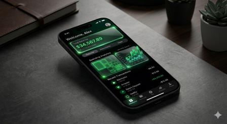 Best Free Budget Apps 2026 — dark mode finance app dashboard on iPhone, high-res, no text, modern budgeting tool for beginners