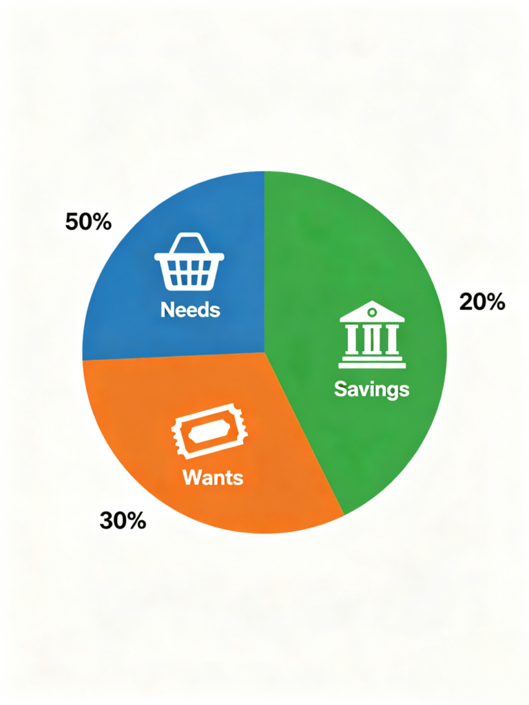 Infographic for 50/30/20 budget rule splitting income into needs, wants and savings for beginner personal finance