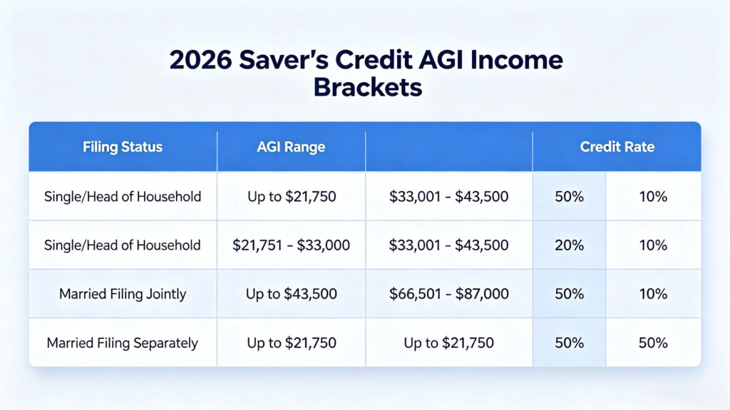 2026 Saver's Credit income limit brackets for low income workers

