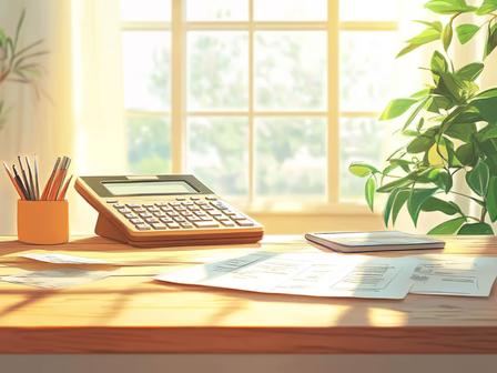 Sunlit home desk with calculator, budget worksheets, pens and green houseplant for personal finance planning