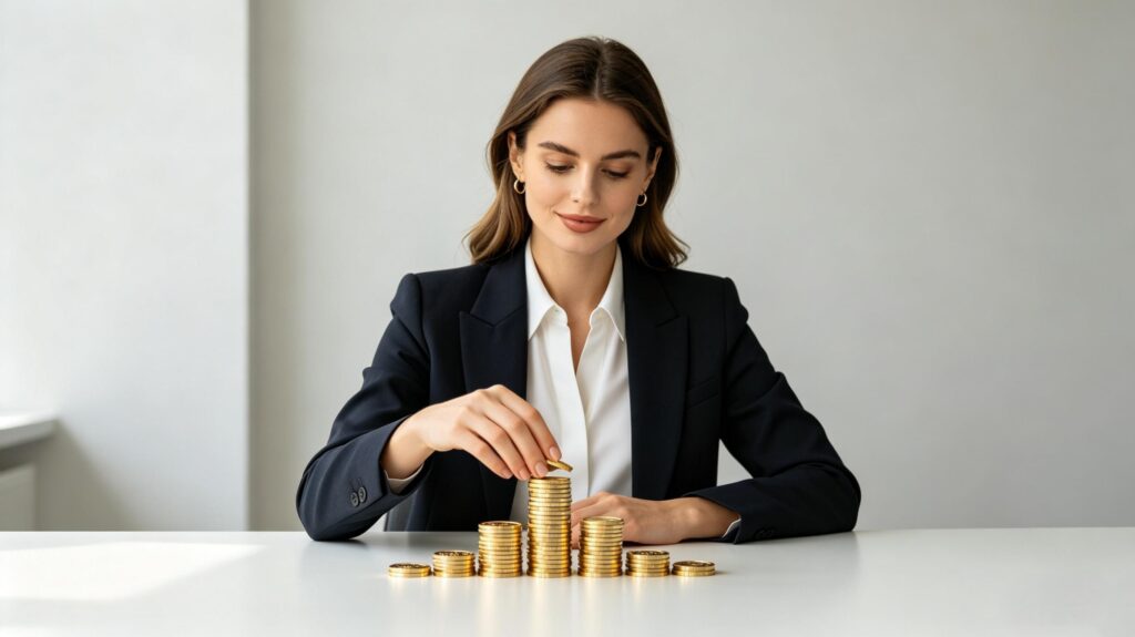 A Western office woman stacking gold coins, symbolizing saving money and building wealth. The image uses a professional deep blue and gold color scheme.
