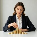 A Western office woman stacking gold coins, symbolizing saving money and building wealth. The image uses a professional deep blue and gold color scheme.