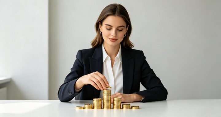 A Western office woman stacking gold coins, symbolizing saving money and building wealth. The image uses a professional deep blue and gold color scheme.