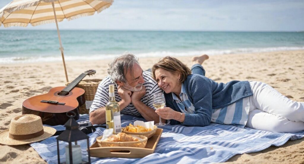 Senior couple enjoying a peaceful retirement by the ocean